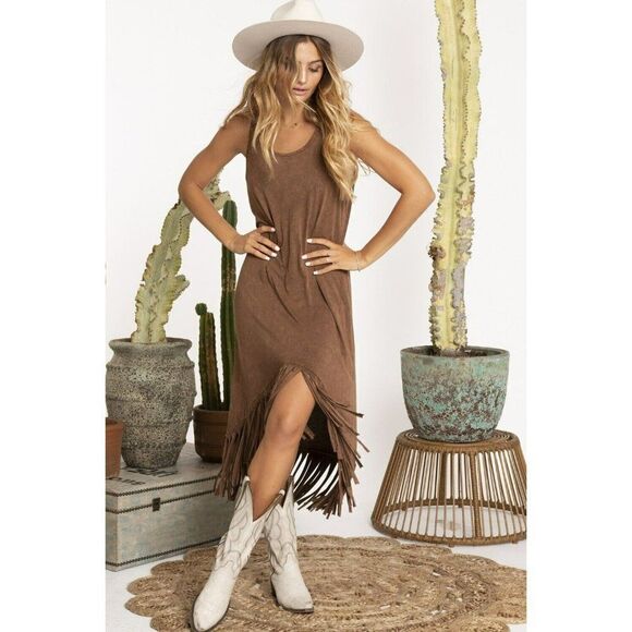 Blue Buttercup Mineral Washed Camel Fringe Midi Dress New S-L KD81386